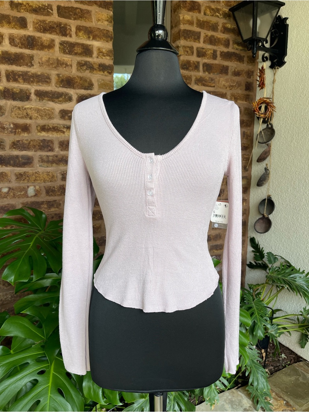 Free People Light Lavender Ribbed Henley Long Sleeve Top